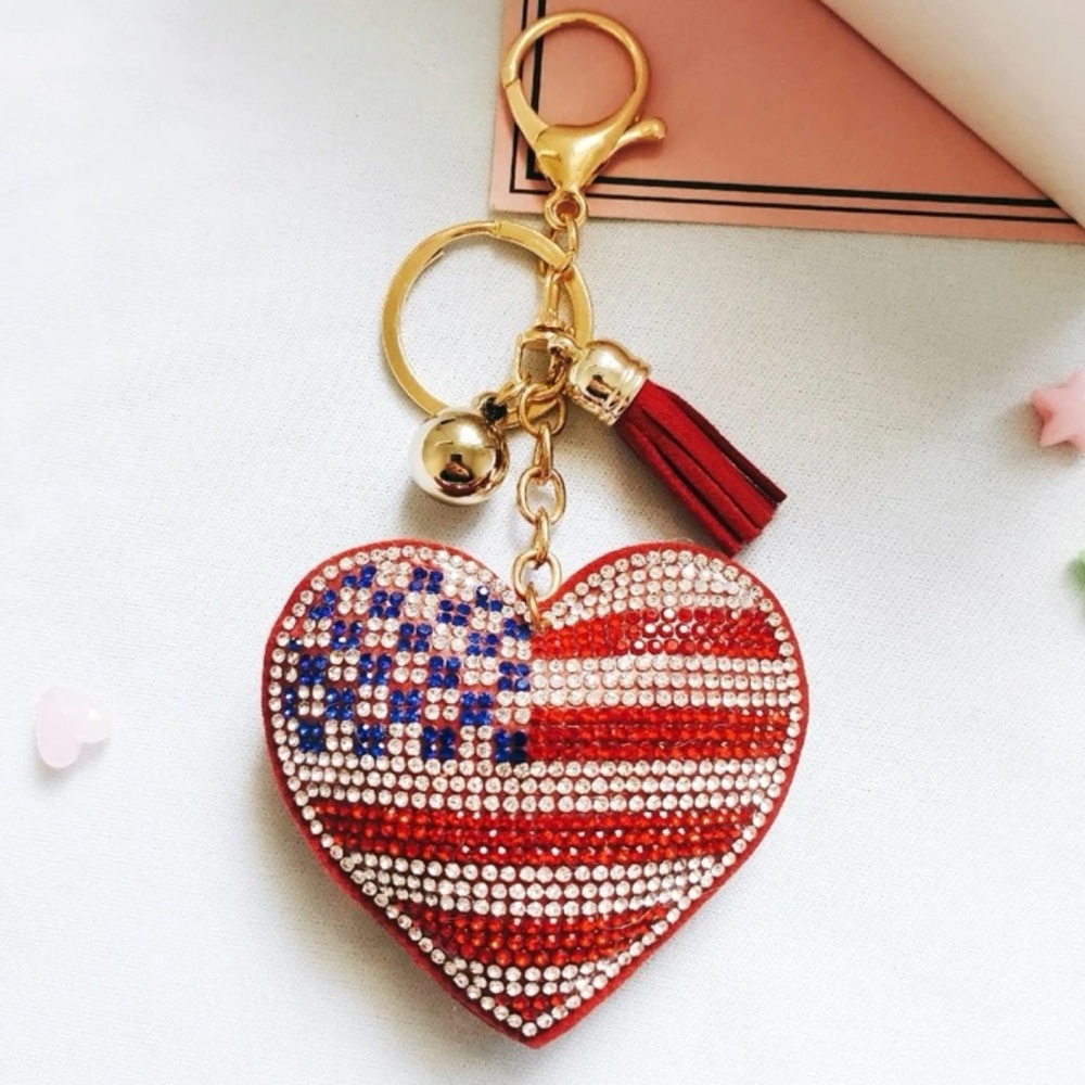 Red/White/Blue Rhinestone Beating Heart Keychain - Picture 2 of 3